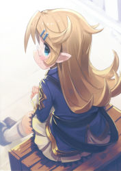 Rule 34 | 1girl, bespectacled, blush, charlotta (granblue fantasy), closed mouth, color 73, commentary request, crate, flipped hair, from above, from behind, glasses, granblue fantasy, grey socks, harvin, kneehighs, long hair, mary janes, pointy ears, profile, rimless eyewear, shoes, sitting, smile, socks, solo