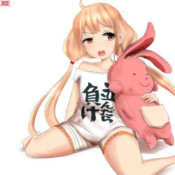 Rule 34 | 10s, 1girl, barefoot, bike shorts, clothes writing, futaba anzu, highres, idolmaster, idolmaster cinderella girls, low twintails, norman maggot, off shoulder, open mouth, shirt, signature, solo, striped bike shorts, striped clothes, stuffed animal, stuffed rabbit, stuffed toy, t-shirt, twintails