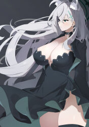 Rule 34 | 1girl, ahoge, animal ear fluff, animal ears, band (skymole01), black choker, black dress, black jacket, blue archive, blush, breasts, choker, cleavage, collarbone, cross, cross necklace, dress, extra ears, floating hair, grey hair, highres, jacket, jewelry, large breasts, long hair, looking afar, necklace, no panties, shiroko (blue archive), shiroko terror (blue archive), simple background, solo, thick thighs, thighs, very long hair, wolf ears