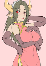 Rule 34 | 1girl, animal ears, bad id, bad pixiv id, bare shoulders, breast hold, breasts, brown hair, china dress, chinese clothes, cow ears, cowboy shot, demon girl, dress, earrings, elbow gloves, extra arms, extra eyes, futaba channel, gloves, green hair, hand on own hip, hip focus, horns, impossible clothes, impossible dress, jewelry, large breasts, lipstick, looking at viewer, maid headdress, makeup, monster girl, multi arm, multi limb, nijiura maids, pointy ears, red dress, red eyes, red lips, ruriwo (ruriwo1894), shinrabanshou, shiyuu (nijiura maids), side slit, simple background, solo