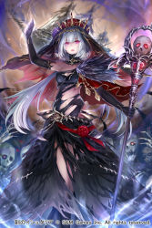 Rule 34 | 1girl, age of ishtaria, breasts, capelet, cleavage, company name, copyright notice, feathers, flower, gloves, long hair, low twintails, naglfar (age of ishtaria), navel, official art, open mouth, pink eyes, rose, skull, staff, torn clothes, twintails, upper body, uuta (uturautouto), veil, white hair