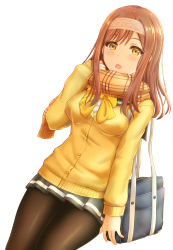 Rule 34 | 1girl, :o, absurdres, artist name, artist request, bag, blush, breasts, brown eyes, brown hair, carrying bag, eyebrows, female focus, grey skirt, hair between eyes, highres, holding, holding clothes, holding scarf, inanaki shiki, kunikida hanamaru, light brown hair, long hair, long sleeves, looking at viewer, love live!, love live! sunshine!!, matching hair/eyes, miniskirt, orange scarf, pantyhose, parted lips, pleated skirt, scarf, school uniform, skirt, sleeves past wrists, small breasts, solo, sweater, white background, yellow eyes