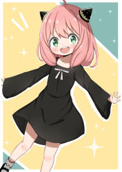 Rule 34 | 1girl, :d, absurdres, ahoge, anya (spy x family), black dress, black footwear, blush, bobby socks, child, collarbone, commentary request, dress, green eyes, highres, jiu (sdesd3205), long sleeves, looking at viewer, open mouth, pink hair, shoes, smile, socks, solo, sparkle, spy x family, teeth, upper teeth only, white socks, wide sleeves