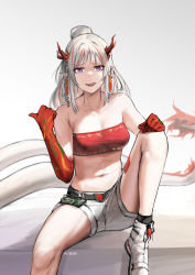 Rule 34 | 1girl, absurdres, ai-bon, arknights, artist name, bare shoulders, blush, breasts, collarbone, crop top, earrings, feet out of frame, grey hair, hand on own knee, highres, horns, jewelry, knee up, long hair, looking at viewer, medium breasts, multicolored hair, navel, nian (arknights), open mouth, pointy ears, ponytail, purple eyes, shorts, simple background, sitting, solo, streaked hair, teeth, upper teeth only, white shorts