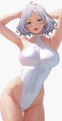 Rule 34 | 1girl, armpits, arms behind head, arms up, bare shoulders, blush, breasts, collarbone, covered navel, curvy, dark-skinned female, dark skin, earrings, green eyes, grey hair, gundam, gundam suisei no majo, halter leotard, halterneck, highleg, highleg leotard, highres, jewelry, kameponde, large breasts, leotard, looking at viewer, open mouth, parted bangs, secelia dote, shiny skin, short hair, smile, solo, white background, white leotard, wide hips