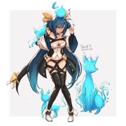 Rule 34 | 1girl, animal, bare shoulders, belt, black panties, black thighhighs, blue hair, breasts, cleavage, cleavage cutout, clothing cutout, dizzy (guilty gear), geegee (granblue fantasy), granblue fantasy, granblue fantasy versus, guilty gear, guilty gear xrd, hair between eyes, hair ribbon, hair rings, highres, k3nzoteruta, long hair, midriff, navel, open mouth, panties, pigeon-toed, red eyes, ribbon, simple background, tail, tail ornament, tail ribbon, thighhighs, twintails, underwear, white background, wide sleeves, yellow ribbon