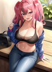 Rule 34 | 1girl, :d, absurdres, alternate costume, arm support, asanagi shion, azur lane, bag, bare shoulders, bikini, bikini top only, black bikini, blue jacket, breasts, bremerton (azur lane), cleavage, collarbone, commentary request, denim, grey hair, hair between eyes, hair intakes, hair ornament, hairclip, highleg, highleg bikini, highres, jacket, jeans, large breasts, long hair, long sleeves, looking at viewer, midriff, mole, mole on breast, mole under eye, multicolored hair, navel, navel piercing, off shoulder, open mouth, pants, piercing, pink eyes, pink hair, pink nails, plant, potted plant, shadow, sidelocks, sitting, smile, solo, stomach, streaked hair, swimsuit, twintails, two-tone hair