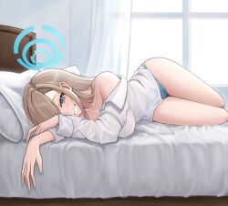 Rule 34 | 1girl, absurdres, aqua panties, asuna (blue archive), bed, blue archive, blue panties, blush, breasts, collarbone, fingernails, grin, hair over one eye, halo, highres, ilbanseomin, indoors, large breasts, light brown hair, looking at viewer, lying, nail polish, on bed, on side, one eye covered, panties, revision, shirt, smile, solo, teeth, underwear, white shirt, window