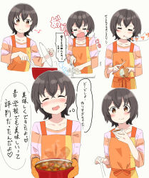 Rule 34 | = =, apron, black hair, blush, bowl, breasts, casual, crying, food, hair ornament, high school fleet, highres, irako mikan, looking at viewer, medium breasts, medium hair, mittens, onion, open mouth, shachiku-man, smile, tears, translation request, white background