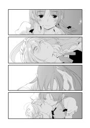 Rule 34 | 2girls, 4koma, blush stickers, braid, comic, greyscale, hand on another&#039;s head, highres, hong meiling, izayoi sakuya, kiss, kouhou no nin, light smile, long hair, looking at another, lying, monochrome, multiple girls, on back, parted lips, primary stage, puffy short sleeves, puffy sleeves, short hair, short sleeves, silent comic, touhou, twin braids, yuri