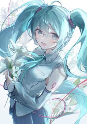 Rule 34 | 1girl, :d, absurdres, ahoge, bare shoulders, black skirt, black sleeves, blue eyes, blue hair, blue ribbon, blush, collared shirt, commentary, cowboy shot, detached sleeves, flower, from side, hair between eyes, hatsune miku, hatsune miku (nt), highres, holding, holding flower, long hair, long sleeves, looking at viewer, neck ribbon, number tattoo, open mouth, own hands together, oyuyu, piapro, pleated skirt, ribbon, shirt, sidelocks, simple background, skirt, sleeveless, sleeveless shirt, smile, solo, tattoo, twintails, very long hair, vocaloid, white background, white flower, white shirt