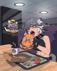 Rule 34 | 1girl, abs, absurdres, animal ears, black gloves, black hair, black nails, breasts, burger, crop top, cup, drinking straw, fangs, fingerless gloves, food, gloves, grey hair, highres, holding, holding food, indoors, large breasts, looking away, multicolored hair, nail polish, navel, open mouth, original, ponaners, saliva, sitting, solo, tail, teeth, tongue, white hair, yellow eyes