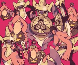 Rule 34 | aegislash, bad id, bad pixiv id, blush, closed eyes, creature, creatures (company), eye contact, frown, game freak, gen 6 pokemon, gourgeist, helmet, holding, holding hands, holding pokemon, holding sword, holding weapon, looking at another, maru (umc a), nintendo, no humans, pink background, pokemon, pokemon (creature), purple eyes, sad, shield, simple background, smile, standing, sweat, sword, tears, weapon, yellow eyes