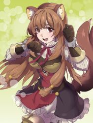 1girl :d abstract_background absurdres alternate_eye_color animal_ear_fluff animal_ears armor black_dress boots breastplate breasts brown_eyes brown_footwear brown_gloves brown_hair chinese_commentary commentary_request cowboy_shot dress frilled_dress frills gloves green_background high_collar highres imari long_hair long_sleeves looking_at_viewer medium_breasts multicolored_clothes multicolored_dress neck_ribbon open_mouth raccoon_ears raccoon_girl raccoon_tail raphtalia red_dress red_ribbon ribbon smile solo standing tail tate_no_yuusha_no_nariagari teeth thigh_boots upper_teeth_only white_dress wrist_cuffs