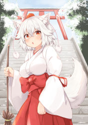 Rule 34 | 1girl, :o, alternate costume, animal ear fluff, animal ears, blush, bow, breasts, broom, commentary request, cowboy shot, crossed bangs, day, fang, hakama, hakama skirt, hat, holding, holding broom, inubashiri momiji, japanese clothes, large breasts, looking at viewer, miko, outdoors, pom pom (clothes), red bow, red eyes, red hat, red ribbon, red sash, red skirt, ribbon, robe, rururiaru, sash, short hair, skin fang, skirt, sky, snow, solo, stairs, standing, tail, tokin hat, torii, touhou, tree, v-shaped eyebrows, white hair, white robe, wide sleeves, wolf ears, wolf tail
