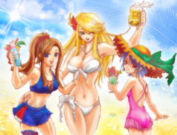 Rule 34 | 3girls, :d, :o, ;d, alcohol, armpits, back, backless outfit, bad id, bad pixiv id, bare back, bare shoulders, beach, beer, bikini, blonde hair, blue eyes, blue hair, bow, breasts, bridal garter, brown hair, carrie fernandez, castlevania (series), castlevania: aria of sorrow, castlevania: dawn of sorrow, castlevania: legacy of darkness, castlevania: portrait of ruin, casual one-piece swimsuit, charlotte aulin, cleavage, cocktail, cross, cross necklace, crossover, cup, day, dragonrose, drink, earrings, flat chest, flower, frills, front-tie top, green eyes, hair flower, hair ornament, happy, hat, hoop earrings, hug, jewelry, laces, large breasts, long hair, looking back, lowleg, lowleg bikini, midriff, mug, multiple girls, navel, necklace, one-piece swimsuit, one eye closed, open mouth, outdoors, ponytail, red eyes, rosary, short hair, side-tie bikini bottom, skirt, sky, smile, standing, straw hat, sun, swimsuit, tankini, white bikini, wink, yoko belnades
