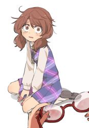 Rule 34 | 2girls, artist request, between legs, brown eyes, brown hair, bullying, constricted pupils, crying, female focus, glasses, hand between legs, hands on ground, highres, kneehighs, long hair, long sleeves, looking at viewer, messy hair, multiple girls, on ground, plaid, sad, scared, short twintails, simple background, sitting, skirt, socks, tears, touhou, twintails, usami sumireko, white background