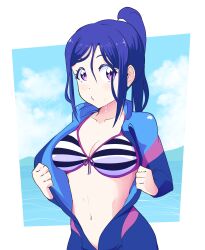 Rule 34 | 1girl, absurdres, bikini, blue hair, blue sky, blush, bodysuit, border, breasts, cleavage, closed mouth, collarbone, cowboy shot, curetortellini, diving suit, high ponytail, highres, large breasts, long hair, long sleeves, looking at viewer, love live!, love live! sunshine!!, matsuura kanan, navel, open bodysuit, open clothes, ponytail, purple eyes, sky, solo, standing, striped bikini, striped clothes, swimsuit, wetsuit, white border