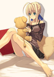Rule 34 | 00s, 1girl, artoria pendragon (all), artoria pendragon (fate), bare shoulders, barefoot, bear, bed, blonde hair, blouse, bow, casual, collarbone, fate/stay night, fate (series), feet, green eyes, hair bow, highres, lion, long hair, long legs, official alternate costume, on bed, panties, pantyshot, pillow, pleated skirt, saber (fate), shingo (missing link), shirt, sitting, skirt, smile, solo, stuffed animal, stuffed lion, stuffed toy, teddy bear, toes, underwear, upskirt, white panties