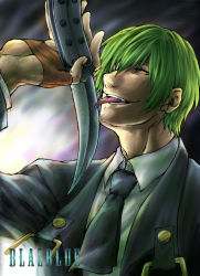 Rule 34 | 1boy, absurdres, arc system works, balisong, blazblue, copyright name, dagger, green hair, hallone, hazama, highres, knife, licking, male focus, necktie, solo, tongue, weapon, yellow eyes