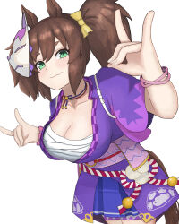 Rule 34 | 1girl, absurdres, animal ears, atyattyan, bow, breasts, brown hair, chest sarashi, cleavage, commentary request, cowboy shot, double fox shadow puppet, fang, fox mask, fox shadow puppet, green eyes, hair bow, hand up, highres, horse ears, horse girl, inari one (umamusume), japanese clothes, jewelry, kimono, light blush, looking at viewer, mask, mask on head, medium breasts, necklace, open mouth, purple kimono, sarashi, scrunchie, short hair, simple background, smile, solo, thick eyebrows, twintails, umamusume, white background, wrist scrunchie