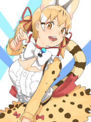 Rule 34 | 1girl, animal ears, belt, bow, bowtie, brown eyes, brown hair, cat ears, cat girl, cat tail, extra ears, highres, kemono friends, kemono friends v project, large-spotted genet (kemono friends), long hair, looking at viewer, open mouth, ribbon, shirt, simple background, skirt, solo, tail, virtual youtuber, y0whqzz8bkslezl