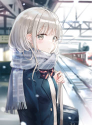 Rule 34 | 1girl, bag, black bow, black jacket, blurry, blurry background, bow, brown eyes, commentary request, day, depth of field, diagonal-striped bow, enpera, fringe trim, grey hair, grey scarf, hand up, highres, holding strap, iren lovel, jacket, long hair, original, outdoors, railroad tracks, scarf, school bag, school uniform, snowing, solo, train, upper body