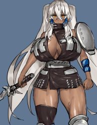 Rule 34 | 1girl, armor, belt, black thighhighs, blue background, breasts, character request, cleavage, cleavage cutout, clothing cutout, commentary request, copyright request, dress, elbow pads, facing viewer, fantasy, hair between eyes, holding, holding sword, holding weapon, huge breasts, long hair, melon22, no bra, orange eyes, pauldrons, short dress, shoulder armor, silver hair, single elbow pad, single pauldron, single thighhigh, sleeveless, solo, standing, sword, thick thighs, thighhighs, thighs, turtleneck, turtleneck dress, twintails, very long hair, weapon