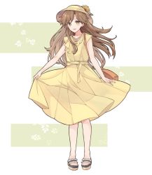 Rule 34 | 1girl, alternate costume, arashio (kancolle), bad id, bad twitter id, bag, brown eyes, brown hair, clothes lift, commentary request, dress, dress lift, flower, full body, hat, kantai collection, lifted by self, long hair, looking at viewer, sandals, shakemi (sake mgmgmg), sleeveless, sleeveless dress, solo, standing, sun hat, sundress, sunflower, yellow dress, yellow hat