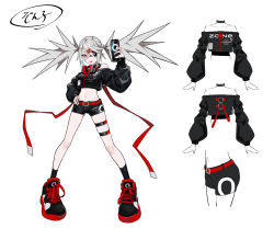 Rule 34 | 1girl, bare shoulders, belt, belt buckle, black collar, black footwear, black shirt, black shorts, black socks, buckle, can, character sheet, choker, collar, collarbone, crop top, crop top overhang, dive to zone, energy drink, eyepatch, grey hair, hair ornament, hand on own hip, hand up, headphones, headphones around neck, highres, holding, holding can, lam (ramdayo), legs apart, long hair, long legs, long sleeves, midriff, navel, off-shoulder shirt, off shoulder, puffy sleeves, red belt, red eyes, shirt, shoes, short shorts, shorts, simple background, smile, sneakers, socks, solo, spiked collar, spiked hair, spikes, standing, stomach, thigh strap, thighs, tongue, tongue out, twintails, white background
