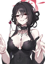 Rule 34 | 1girl, absurdres, black dress, black hair, blue archive, breasts, choker, cleavage, commentary request, covered navel, dress, eyeliner, flower, hair flower, hair ornament, halo, highres, kokuriko (blue archive), large breasts, long hair, looking at viewer, outstretched arms, raki kr, red eyeliner, red eyes, smile, solo