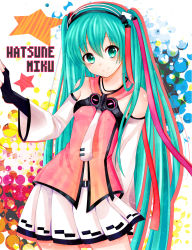 Rule 34 | 1girl, character name, detached sleeves, fingerless gloves, freely tomorrow (vocaloid), gloves, green eyes, green hair, hatsune miku, highres, long hair, matching hair/eyes, necktie, project diva (series), project diva f, shirozakana, skirt, smile, solo, star (symbol), star voice (module), very long hair, vocaloid