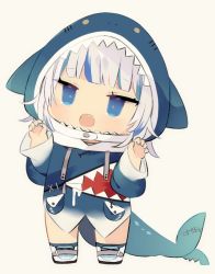 Rule 34 | 1girl, animal hood, beige background, blue eyes, blue hair, blunt bangs, chibi, claw pose, fins, fish tail, gawr gura, gawr gura (1st costume), hololive, hololive english, hood, looking up, mimo lm, multicolored hair, open mouth, scar, shark hood, shark tail, sharp teeth, solo, standing, streaked hair, tail, teeth, virtual youtuber, white hair