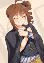 Rule 34 | 1girl, ahoge, black jacket, black scrunchie, black shorts, blue scrunchie, brown hair, commentary, drill hair, dutch angle, facing viewer, grin, hair ornament, hair scrunchie, idolmaster, idolmaster million live!, jacket, jacket on shoulders, jewelry, kamille (vcx68), necklace, scrunchie, short hair, shorts, side drill, side ponytail, smile, solo, standing, star (symbol), star necklace, star print, wrist scrunchie, yokoyama nao