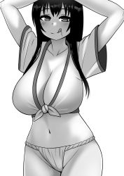 Rule 34 | 1girl, absurdres, arms up, black hair, breasts, cleavage, collarbone, drooling, fundoshi, greyscale, highres, huge breasts, japanese clothes, large breasts, looking at viewer, mizu happi, monochrome, navel, original, simple background, smile, solo, the only shoe, tongue, tongue out, white background, wide hips, wide sleeves