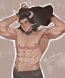 Rule 34 | 1boy, abs, absurdres, arknights, armpits, bara, highres, horns, long hair, male focus, matterhorn (arknights), mobrinono, multiple scars, nipples, pectorals, scar, solo, topless male, undressing