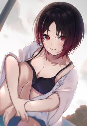 Rule 34 | 1girl, bikini, bikini under clothes, black bikini, black hair, breasts, cleavage, collarbone, gradient hair, hashtag-only commentary, highres, holding own arm, hugging own legs, kisaragi ren (vtuber), looking at viewer, medium breasts, multicolored hair, open clothes, parted bangs, red eyes, red hair, ringozeri, shirt, short hair, sitting, solo, swimsuit, virtual youtuber, vspo!, white shirt