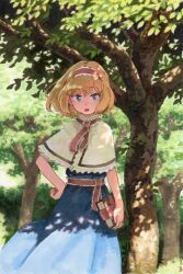 Rule 34 | 1girl, alice margatroid, artist name, blonde hair, blue dress, blue eyes, book, capelet, dress, hairband, highres, holding, holding book, marker (medium), outdoors, red hairband, red ribbon, ribbon, shiratama (hockey), short hair, solo, touhou, traditional media, white capelet