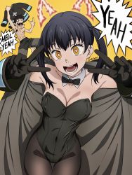 Rule 34 | 1boy, 1girl, animal ears, artist name, baron (varon666), belt, black hair, blush, breasts, bunny day, cat ears, cleavage, coat, commentary request, en&#039;en no shouboutai, english text, feet out of frame, fire, en&#039;en no shouboutai, firefighter, gloves, highres, kittysuit, leotard, medium breasts, medium hair, nontraditional playboy bunny, open mouth, orange eyes, pants, pantyhose, playboy bunny, round teeth, sharp teeth, shinra kusakabe, short hair, smile, spiked hair, tamaki kotatsu, teeth, thigh gap, tongue, tongue out, topless male, twintails, varon, yellow background