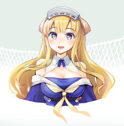 Rule 34 | 1girl, blonde hair, blue eyes, blue shirt, blush, breasts, cleavage, cropped torso, double bun, fletcher (kancolle), gradient background, green background, hair bun, hairband, kantai collection, kou1, large breasts, long hair, neckerchief, off-shoulder shirt, off shoulder, open mouth, sailor collar, shirt, sidelocks, simple background, solo, white sailor collar, yellow neckerchief