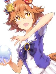 Rule 34 | + +, 1girl, animal ears, bow, clover hair ornament, commentary request, daruma doll, ear covers, flipped hair, hair between eyes, hair ornament, holding orb, horse ears, horse girl, horse tail, looking at viewer, matikanefukukitaru (umamusume), open mouth, orange eyes, orange hair, orb, puffy short sleeves, puffy sleeves, purple bow, purple shirt, school uniform, shirt, short hair, short sleeves, simple background, single ear cover, skirt, smile, solo, summer uniform, tail, tracen school uniform, umamusume, upper body, white background, yrsknish