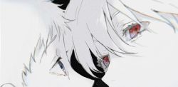 Rule 34 | 2boys, blue eyes, close-up, commentary, crying, eye contact, eye focus, eyelashes, face-to-face, from side, highres, ikari shinji, kgeroua, looking at another, looking away, male focus, monochrome, multiple boys, nagisa kaworu, neon genesis evangelion, profile, red eyes, simple background, spot color, symbol-only commentary, tears