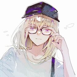 Rule 34 | 1girl, bang dream!, bang dream! it&#039;s mygo!!!!!, baseball cap, black hair, blonde hair, closed mouth, commentary, glasses, hand up, hashtag-only commentary, hat, highres, long hair, looking at viewer, misumi uika, purple eyes, purple nails, reiboubyou, shirt, simple background, smile, solo, upper body, white background, white shirt