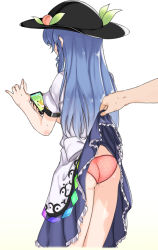 Rule 34 | 1girl, afterimage, ass, assisted exposure, back, bare arms, black hat, blue hair, blush, cellphone, clothes lift, cowboy shot, creatures (company), dress, dress lift, flat ass, food, frills, from behind, fruit, game freak, gradient background, hat, hinanawi tenshi, holding, holding phone, leaf, long hair, momo retasu, motion blur, motion lines, nintendo, out of frame, panties, parody, peach, phone, pokemon, pokemon go, polka dot, polka dot panties, puffy short sleeves, puffy sleeves, rainbow order, red panties, shade, short sleeves, smartphone, solo focus, surprised, sweatdrop, touhou, underwear