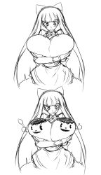 Rule 34 | :p, blush, grabbing another&#039;s breast, breasts, giga pudding, grabbing, highres, huge breasts, matsu-sensei, monochrome, panty &amp; stocking with garterbelt, parody, stocking (psg), tongue, tongue out