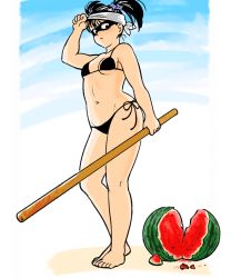 Rule 34 | 1girl, bikini, black bikini, food, fruit, highres, holding, one-punch man, shadow ring (one-punch man), side-tie bikini bottom, solo, string bikini, swimsuit, watermelon