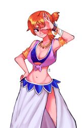 Rule 34 | 1girl, absurdres, armlet, bracelet, breasts, brown eyes, cleavage, commentary, covering one eye, crop top, front-tie top, hand on own hip, highres, jewelry, large breasts, long skirt, nami (one piece), narrow waist, navel, one piece, orange hair, short ponytail, signature, skirt, smile, solo, white skirt, widisu, wristband