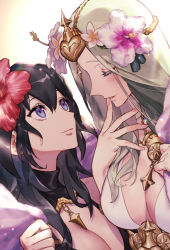 Rule 34 | 2girls, blue eyes, blue hair, breasts, byleth (female) (fire emblem), byleth (female) (summer) (fire emblem), byleth (fire emblem), cleavage, closed eyes, closed mouth, fire emblem, fire emblem: three houses, fire emblem heroes, flower, green hair, hair flower, hair ornament, holding, large breasts, long hair, multiple girls, nakapipo, nintendo, official alternate costume, parted lips, rhea (fire emblem), swimsuit, upper body