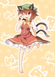 Rule 34 | 1girl, animal ears, barefoot, brown hair, cat ears, cat girl, cat tail, chen, female focus, fuyutarou, hat, multiple tails, one eye closed, paw pose, red eyes, short hair, solo, tail, touhou, wink
