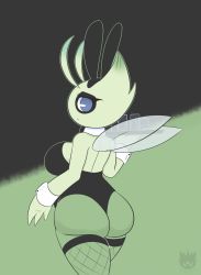Rule 34 | 1girl, 2017, animal ears, antennae, artist name, ass, black background, black thighhighs, blue eyes, breasts, bunnnysuit, celebi, creatures (company), cup, dated, detached collar, drinking glass, fairy wings, fake animal ears, female focus, fishnet thighhighs, fishnets, from behind, furry, furry female, game freak, gen 2 pokemon, glass, green background, half-closed eyes, hand up, highres, laranthrod, large breasts, legendary pokemon, leotard, looking at viewer, looking back, looking to the side, mythical pokemon, nintendo, personification, playboy bunny, pokemon, pokemon (creature), rabbit ears, simple background, solo, standing, text focus, thighhighs, two-tone background, waitress, walking, watermark, wings, wrist cuffs